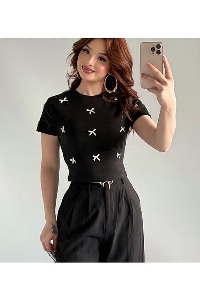 Butik Women's Camisole Fabric Bow Detailed Crop T-Shirt