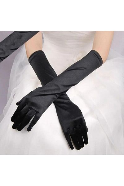 UZAY ONLİNE Long Size Extra Shiny Satin Gloves Black Color