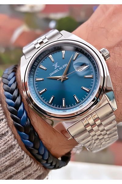 Daniel Klein Dark Blue Silver Exclusive Model - Active Interior Functions Leather Band Men's Wrist Watch Bracelet