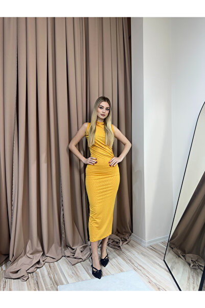 BY SE'MAS WEAR DAİLY BEL VE OMUZ DRAPELİ HELEN BEL KOLSUZ MİDİ ELBİSE