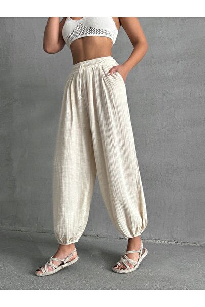 BEJNA Women's Beige Pocket Muslin Fabric Shalwar Trousers
