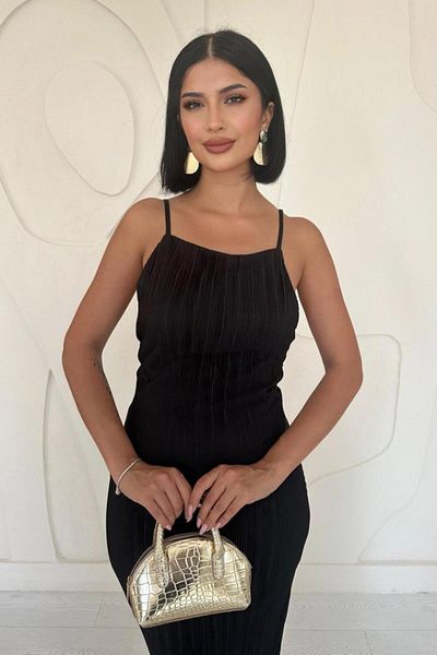 Modayakamoz Modavera Black Pleated Halter Neck Dress