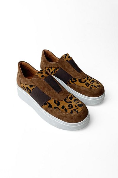 RABU Pantofi sport casual de zi cu zi, cu talpă înaltă, din piele naturală, cu leopard, de culoare cafenie