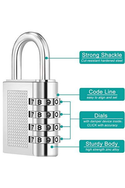 Generic 4-Digit Combination Lock - 40mm, Luggage and Travel Security Lock - Silver