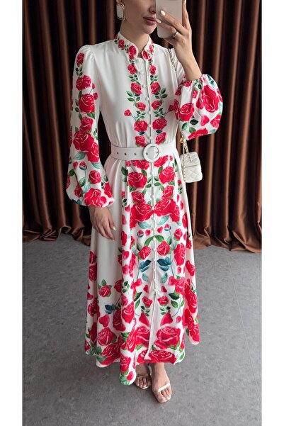 HAZELANNA Beyaz Zemin Kırmızı Gül Desenli Maxi Elbise
