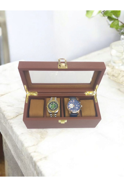 Moda fiesta Deri  4Lu Saat Çantası Kutusu Camlı Kilitli Ahşap Kasalı(taba)
