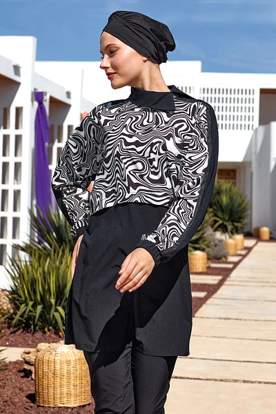 Adasea Sports Lycra Full Covered Hijab Μαγιό Zebrı 1224 Μαύρο
