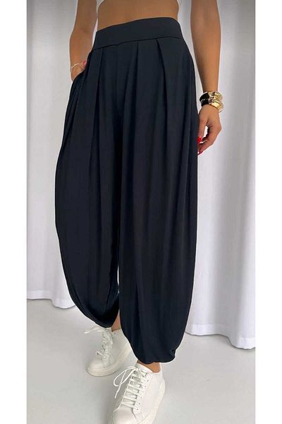 Nokta Moda بنطال شالوار نسائي من القطن الممشط ذو طيات باللون الأزرق الداكن