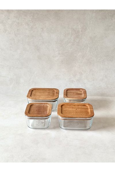 Dekorzdükkan 4-Piece Acacia Vacuum Lid Square / Rectangular Breakfast