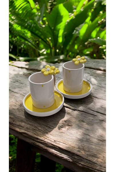 seda seramik EL YAPIMI PAPATYALI TASARIM 2 KİŞİLİK 4 PARÇALI KAHVE FİNCAN TAKIMI 110 ML.