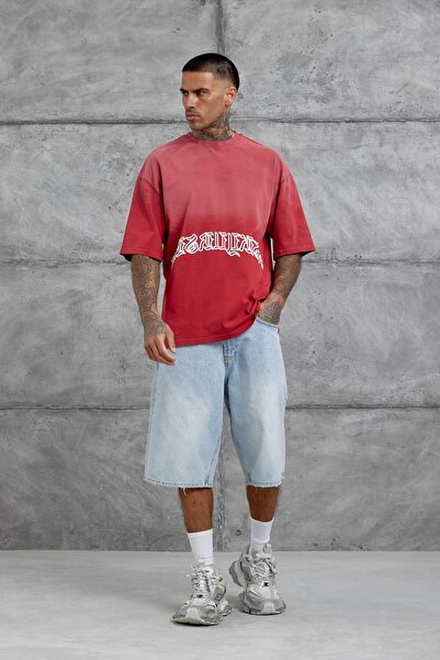 NOMARC Ανδρικό μπλουζάκι με κόκκινο σήμανση με στάμπα που πλένεται oversize