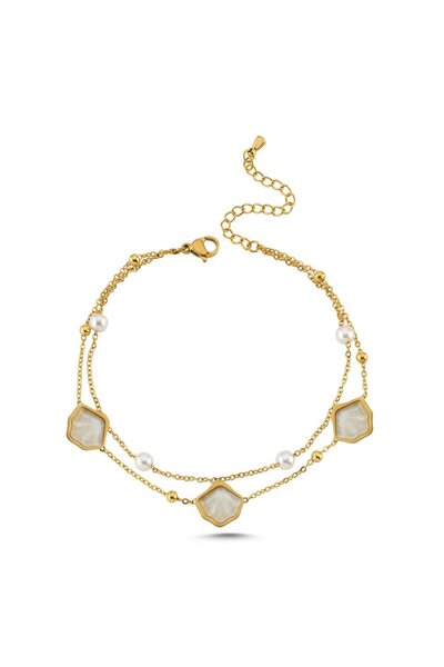 CHARMLUCKY Steel Pearl Middle Charm 2-Piece Anklet