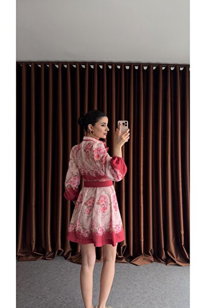 HAZELANNA Vintage Çiçek Desenli Kemerli Mini Elbise