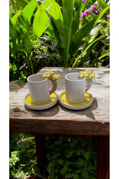 seda seramik EL YAPIMI PAPATYALI TASARIM 2 KİŞİLİK 4 PARÇALI KAHVE FİNCAN TAKIMI 110 ML.