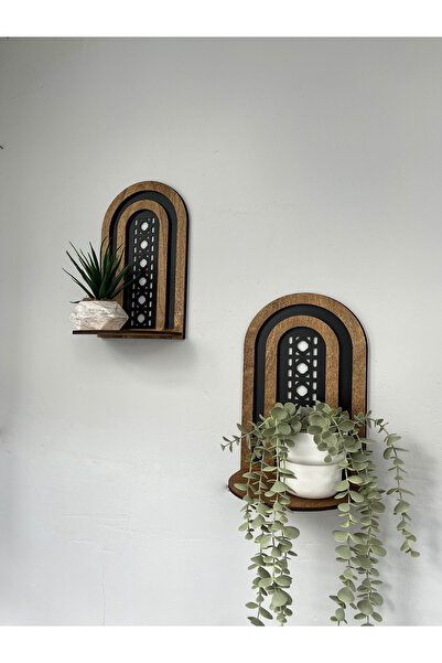 Dekorza hazeran desenli kemerli ahşap ceviz vernikli dekoratif duvar rafı 2 l...