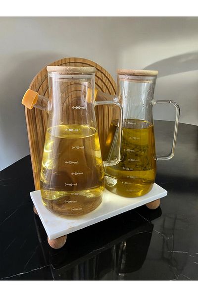 safestore Wooden Ball Footed Marble Stand 2 Pieces 900 ml Bamboo Lid Borosilicate Glass Oil Pot Vinegar Bowl
