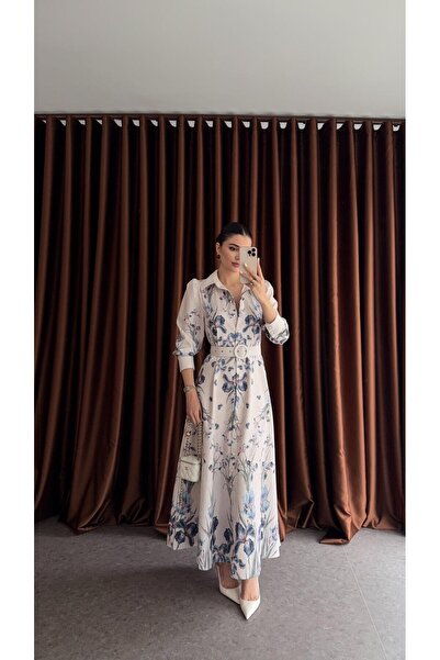 HAZELANNA فستان زهري أزرق مع حزام