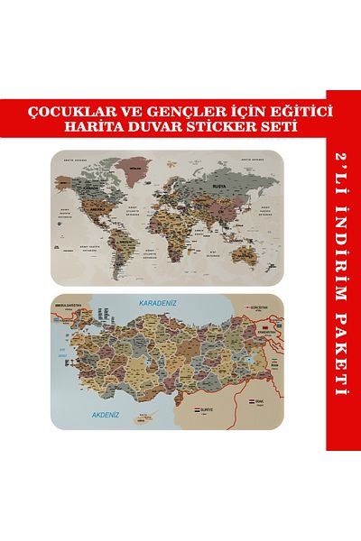 Harita Sepeti Educational and Instructional World and Turkey Map Children's Room Wall Sticker-3883