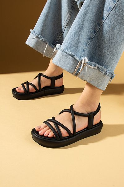 Pembe Potin New Season Women's Black Banded Comfortable Poly Sole Stylish Daily Sandals