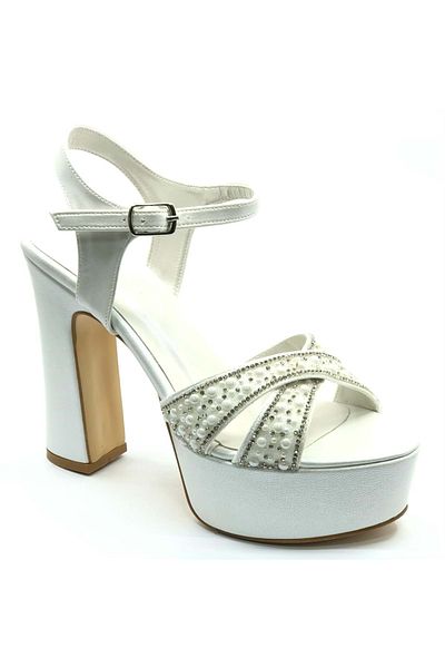KCMN Feles Cross Stone Detailed 13 cm High Platform Heeled Stone Women's Evening Dress Shoes Sedef