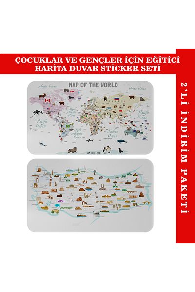 Harita Sepeti Educational Tutorial World And Turkey Map Children's Room Wall Sticker-3884