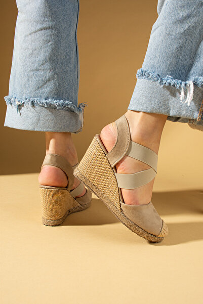 Pembe Potin New Season Women's Beige Suede Comfortable Wedge Sole Stylish Daily Sandals