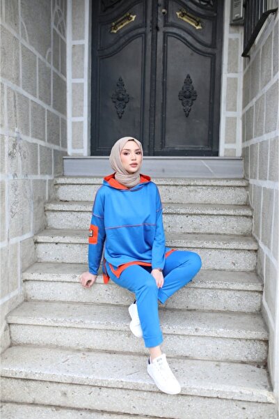 My Reality Fashion Women's Indigo Hooded Double Suit with Hem Detail and Reverse Stitching