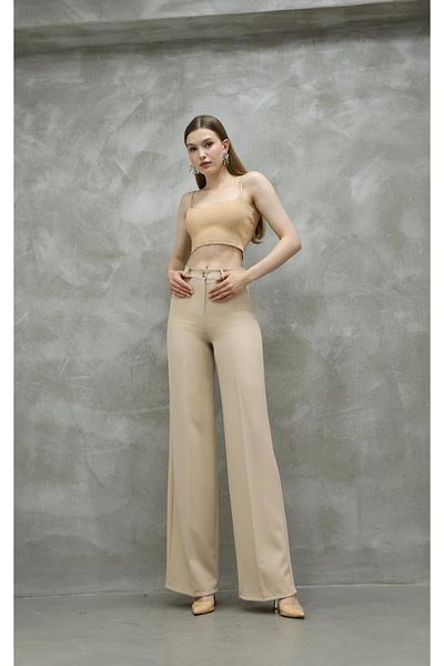 Sea Queen Women's Beige High Waist Palazzo Fabric Trousers
