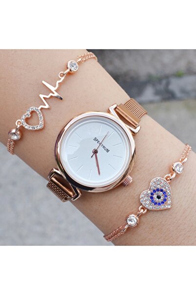 Rosegold Mıknatıslı Hasır Kordon Kadın Saat Kombini 3252