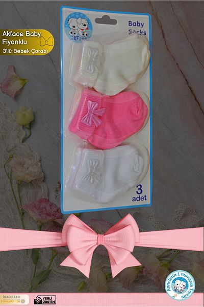 Akface 3-Piece Pink Girl's Newborn and Baby Socks with Bow Accessories