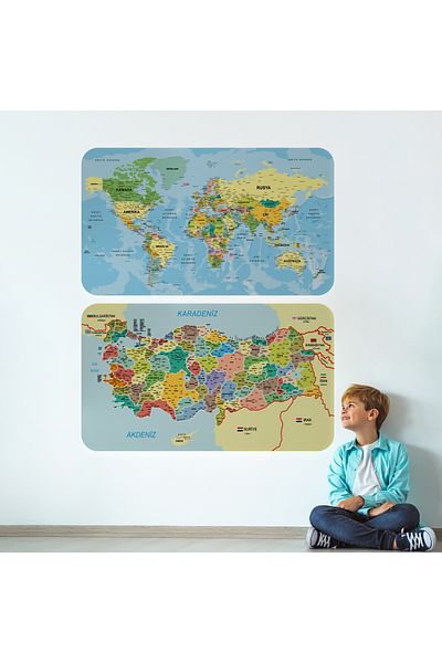 Harita Sepeti Educational Tutorial World And Turkey Map Children's Room Wall Sticker-3888