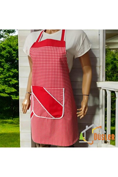 DÜŞLER EV TEKSTİLİ Pötikare Kırmızı Desenli Ayarlanabilir Cepli Su ve Leke İtici Özelliği Bulunan Mutfak Önlüğü