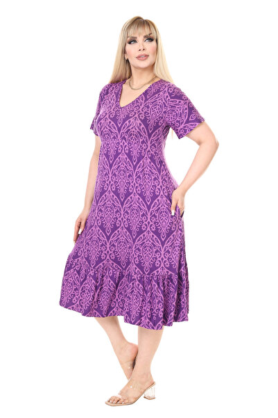 MELSAY Γυναικείο φόρεμα με κοντό μανίκι με μοτίβο μωβ κιλίμ με λαιμόκοψη σε σχήμα V