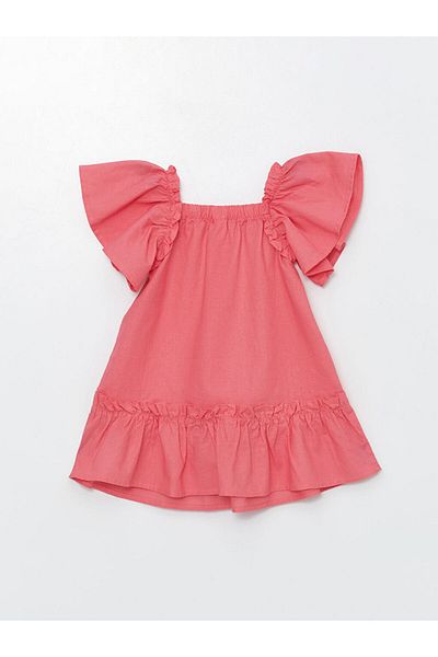 LC Waikiki Lcw Square Collar Short Sleeve Linen Blend Baby Girl Dress Fast Fashion