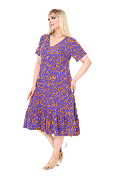 MELSAY Γυναικείο φόρεμα με κοντό μανίκι με λουλουδάτο σχέδιο με λαιμόκοψη σε σχήμα V