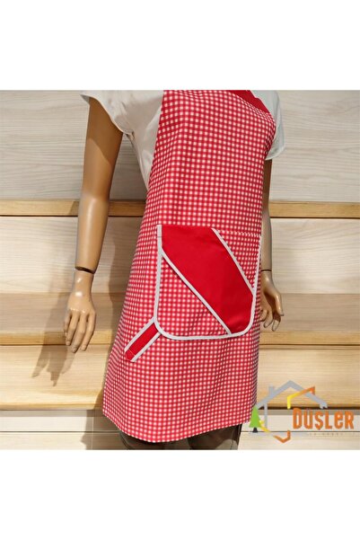 DÜŞLER EV TEKSTİLİ Pötikare Kırmızı Desenli Ayarlanabilir Cepli Su ve Leke İtici Özelliği Bulunan Mutfak Önlüğü