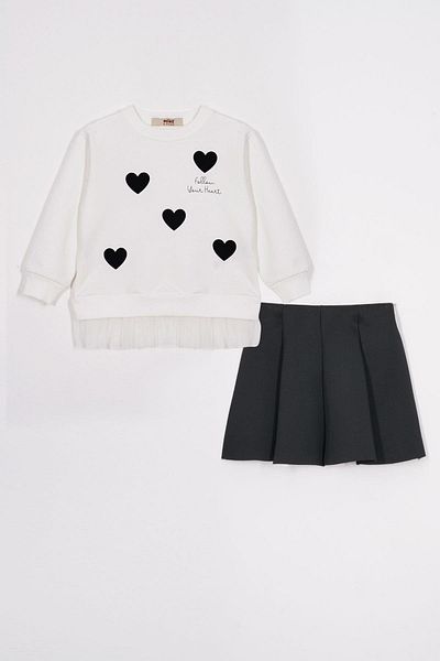 zepkids Crew Neck Heart Printed Ecru-Black Color Girl's Skirt Suit