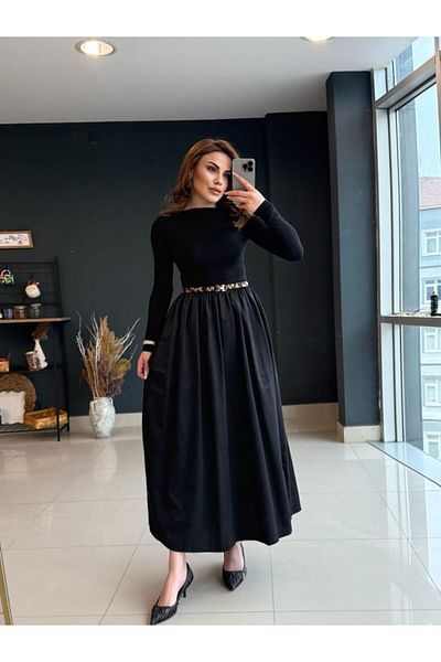 Modayakamoz Rochie de damă cu mânecă lungă, cu decolteu, cu top lung, din viscoză, cu fundul tricot