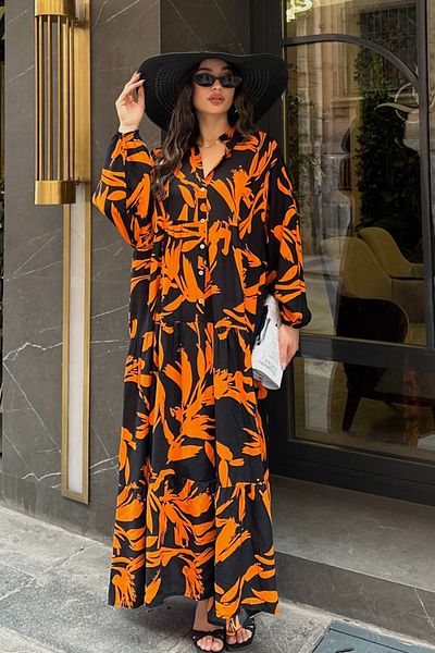 AYASOFYA OTANTIK Women's Orange Black Buttoned Placket Collar Patterned Balloon Sleeve Loose Long Dress