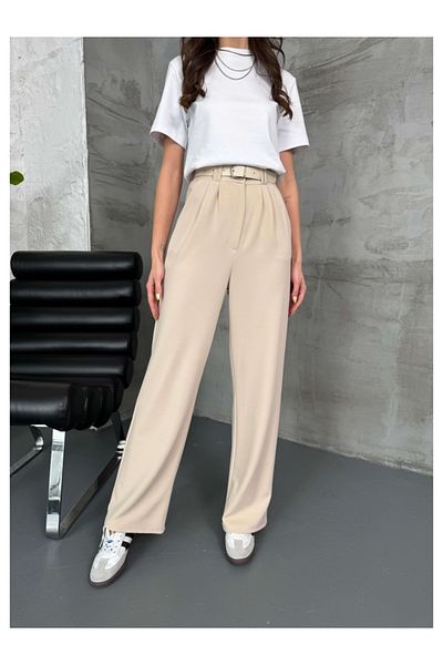 Elif Özbey Butik Cream Double Pleated Belted Trousers