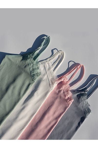 VicTroy Lacy 4-Piece Rope Strap Green, Blue, Ecru and Pink Modern Ribbed Women's Undershirt