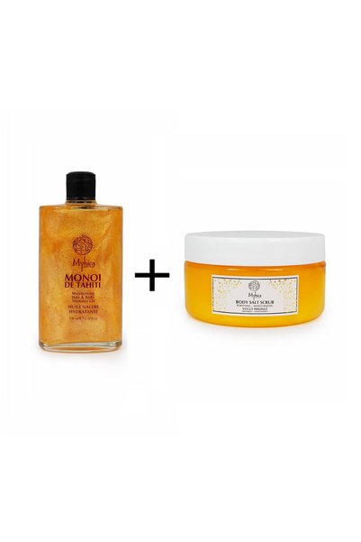 Myhica Shimmering Hair & Body Moisturizing Oil + Nourishing, Purifying, and Hydrating Body Scrub