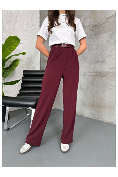 Elif Özbey Butik Bordo Çift Pileli Kemerli Pantolon