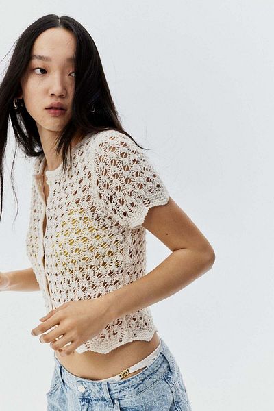 H&M Short-sleeved hole-knit cardigan