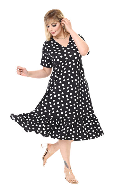MELSAY Women's Black Polka Dot V-Neck Short Sleeve Robe Dress