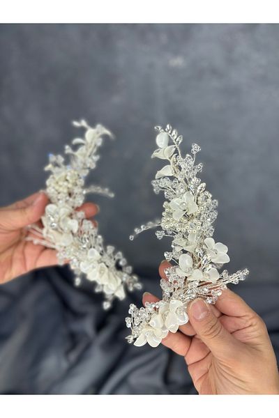 Hayalperest boncuk Verdage Intensely Embroidered Pearlescent Crystal 2 Piece Bridal Crown Hair Accessory