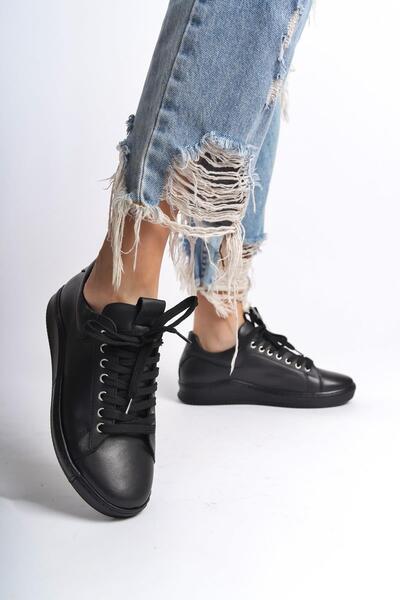 Modabuymus Harry Siyah Hakiki Deri Sneaker Kadın Günlük Spor Ayakkabı