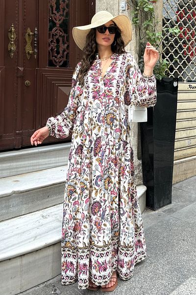 AYASOFYA OTANTIK Women's Fuchsia Buttoned Placket Collar Ethnic Patterned Balloon Sleeve Loose Long Dress