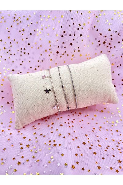 Alexis Carrel Set of 3 Women's Star Bracelets – Silver Color Dorika Beaded Combination Jewelry / Combination Bracelet Set