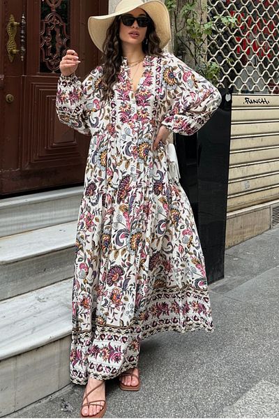 AYASOFYA OTANTIK Women's Fuchsia Buttoned Placket Collar Ethnic Patterned Balloon Sleeve Loose Long Dress